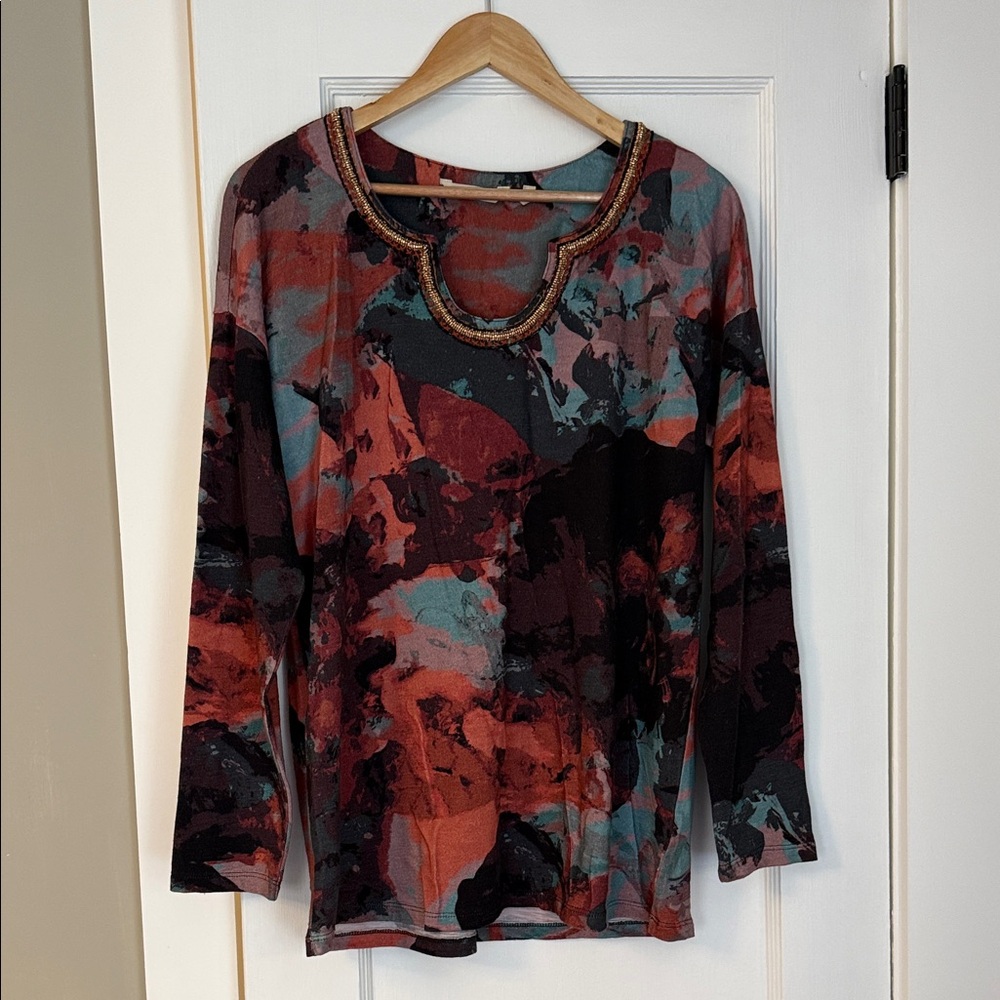 Soft Surroundings Beaded-Neckline Long-Sleeve Top